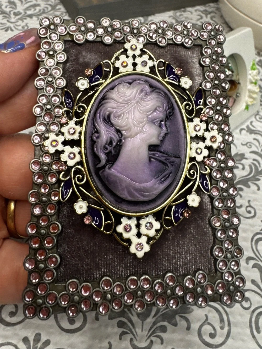 Cameo Brooch on Velvet inside a Pink Rhinestone Frame